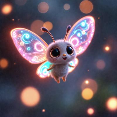 The primary subject of the image is a small, cute, and colorful butterfly. The butterfly is flying in a dark, colorful, and swirly environment, which adds to the overall atmosphere of the scene. The visual style of the image is a combination of photo and digital art, creating a unique and eye-catching appearance. The colors and mood of the image are vibrant and lively, with the butterfly being the main focus and source of interest.